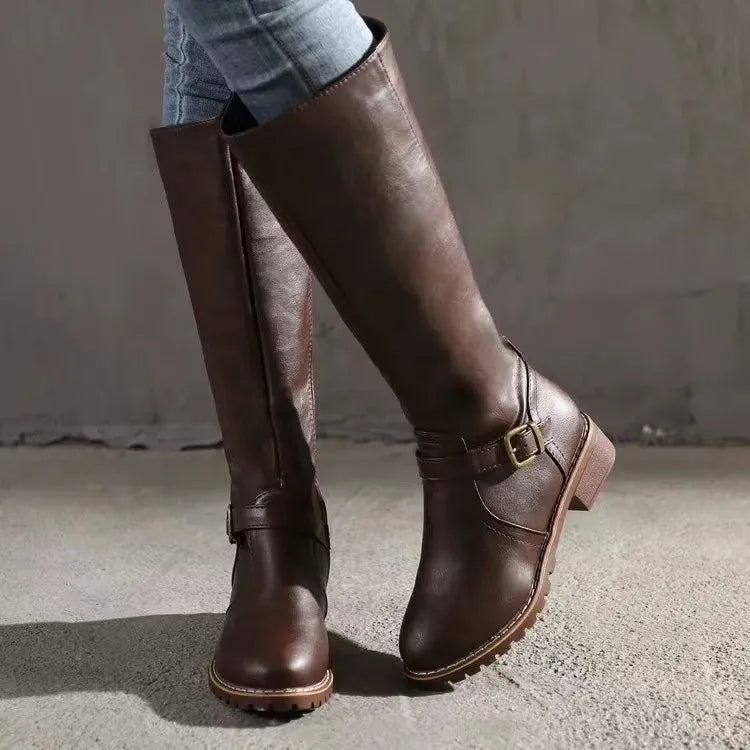 Women's Long Boots | Knee-High Leather Buckle Strap Lug Sole