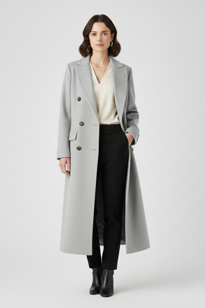 Women's Long Coat | Double Breasted Lapel Collar Button Closure
