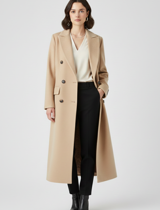 Women's Long Coat | Double Breasted Lapel Collar Button Closure