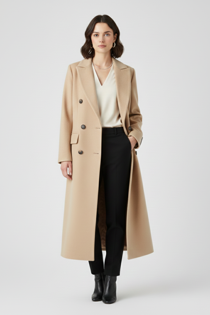 Women's Long Coat | Double Breasted Lapel Collar Button Closure