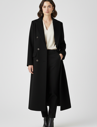 Women's Long Coat | Double Breasted Lapel Collar Button Closure