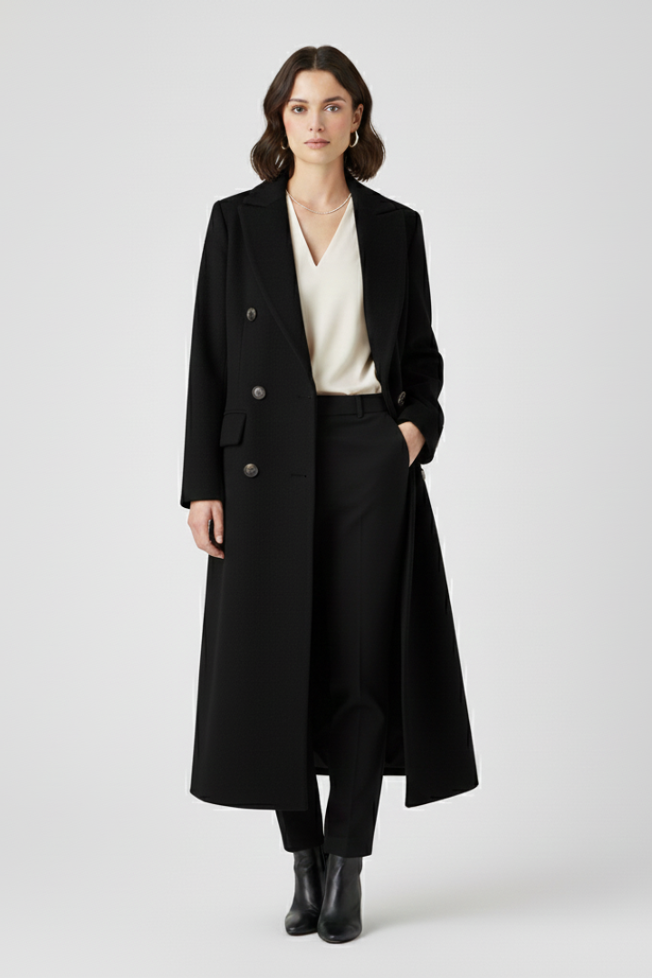 Women's Long Coat | Double Breasted Lapel Collar Button Closure