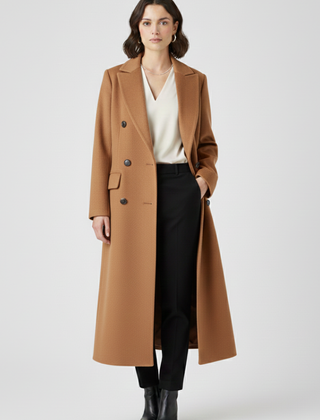 Women's Long Coat | Double Breasted Lapel Collar Button Closure