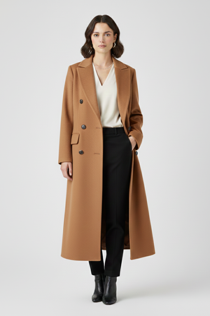 Women's Long Coat | Double Breasted Lapel Collar Button Closure