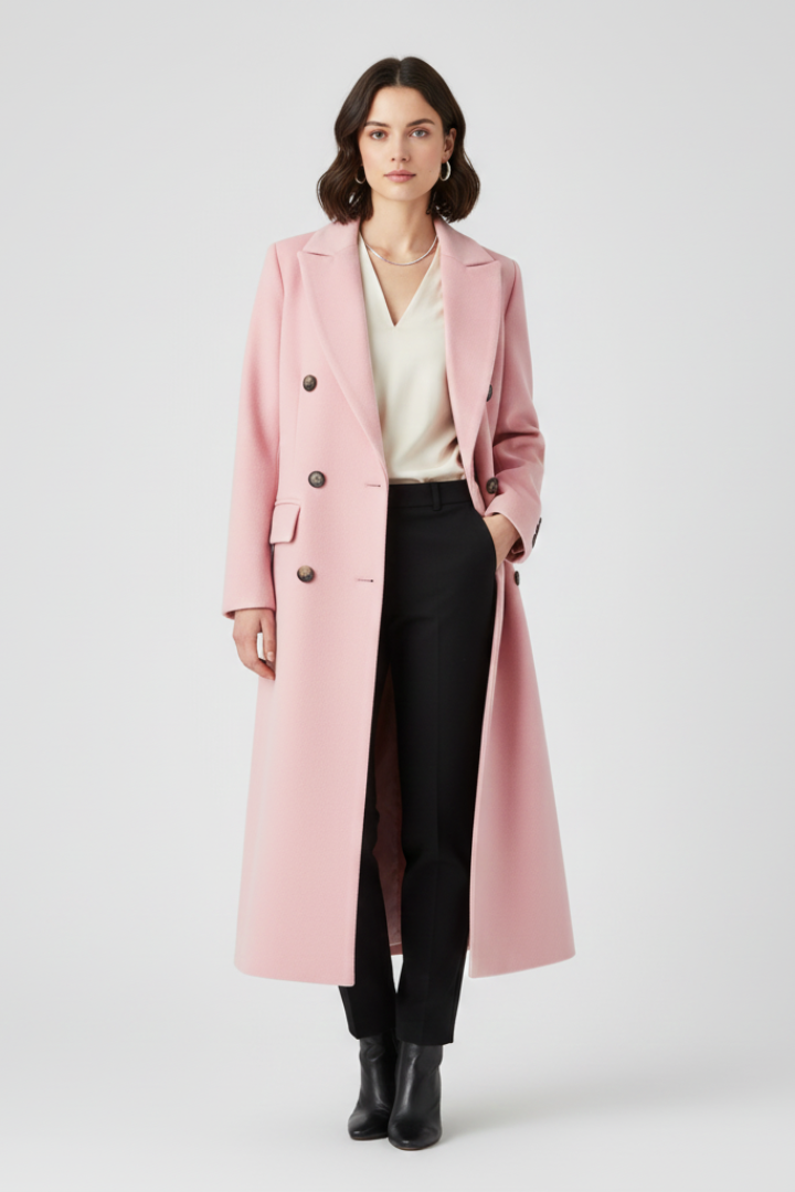 Women's Long Coat | Double Breasted Lapel Collar Button Closure