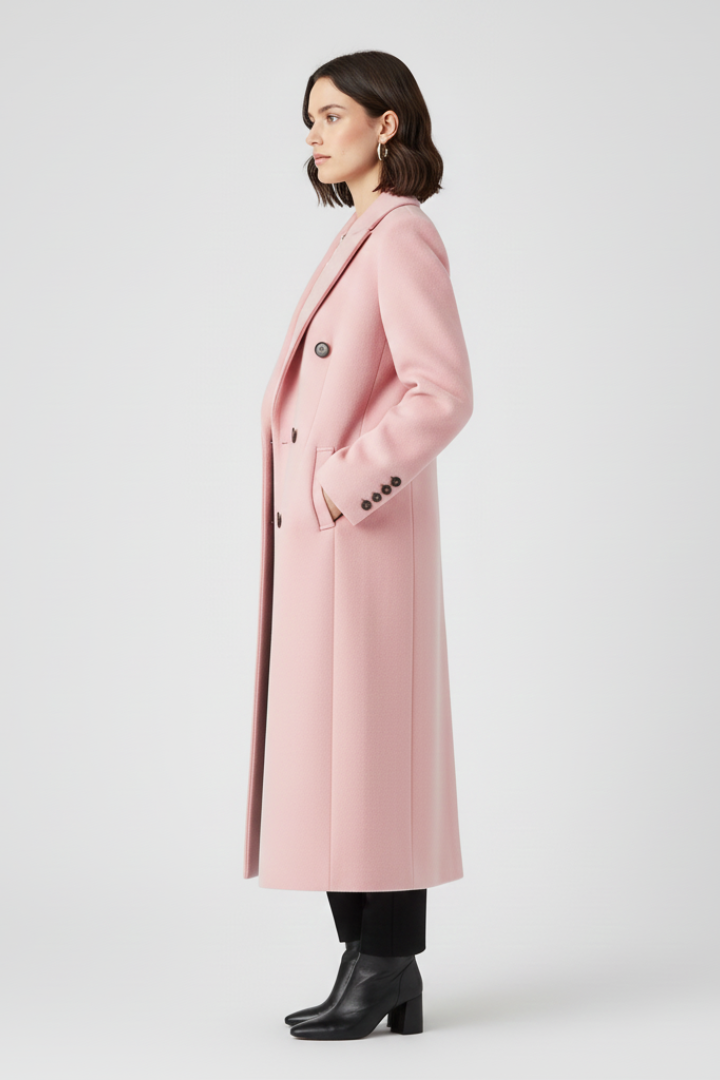 Women's Long Coat | Double Breasted Lapel Collar Button Closure
