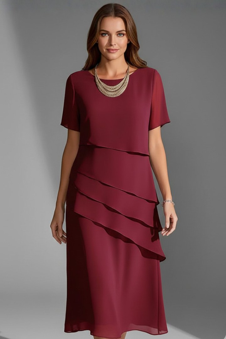 Women's Semi-Formal Dress | Midi Length Short Sleeve Layered