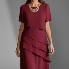 Women's Semi-Formal Dress | Midi Length Layered Front Short Sleeve