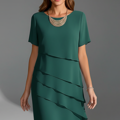 Women's Semi-Formal Dress | Midi Length Short Sleeve Layered