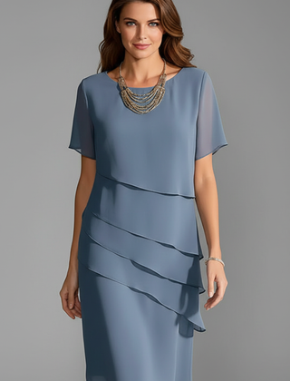 Women's Semi-Formal Dress | Midi Length Short Sleeve Layered