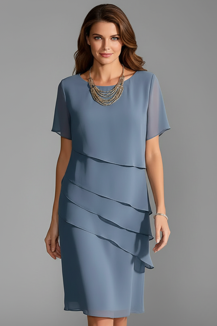 Women's Semi-Formal Dress | Midi Length Layered Front Short Sleeve