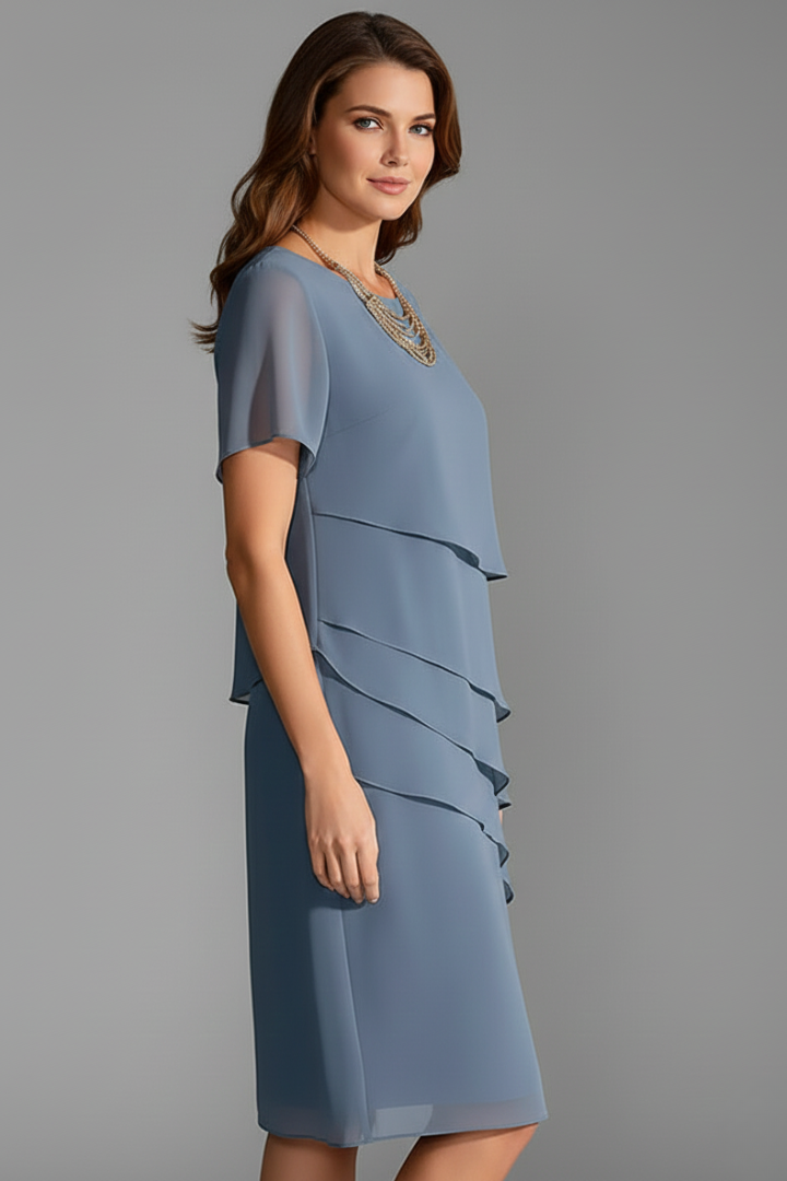 Women's Semi-Formal Dress | Midi Length Short Sleeve Layered
