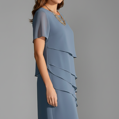 Women's Semi-Formal Dress | Midi Length Layered Front Short Sleeve