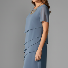 Women's Semi-Formal Dress | Midi Length Layered Front Short Sleeve