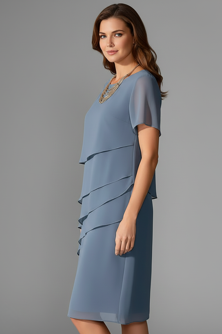 Women's Semi-Formal Dress | Midi Length Layered Front Short Sleeve
