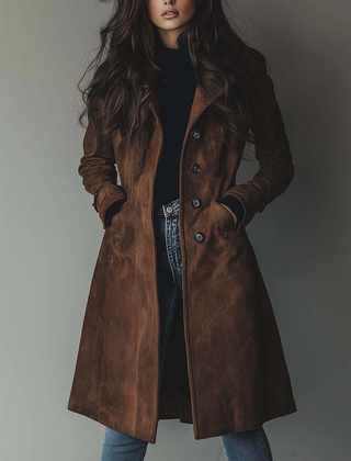 Women's Winter Coat | Suede Button Front Long Length