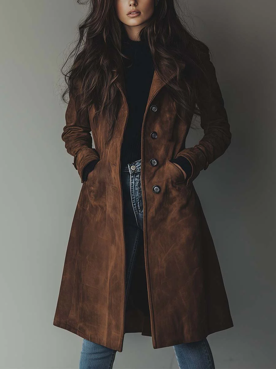 Women's Winter Coat | Suede Button Front Long Length