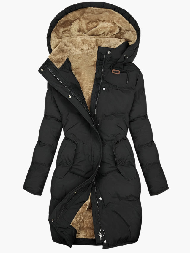 Women's Long Winter Coat | Hooded Quilted Full-Zip Pockets