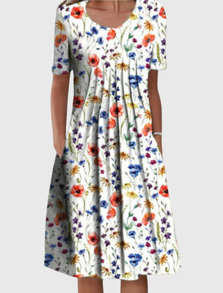 Women's Vacation Dress | Midi Round Neck Short Sleeve Floral