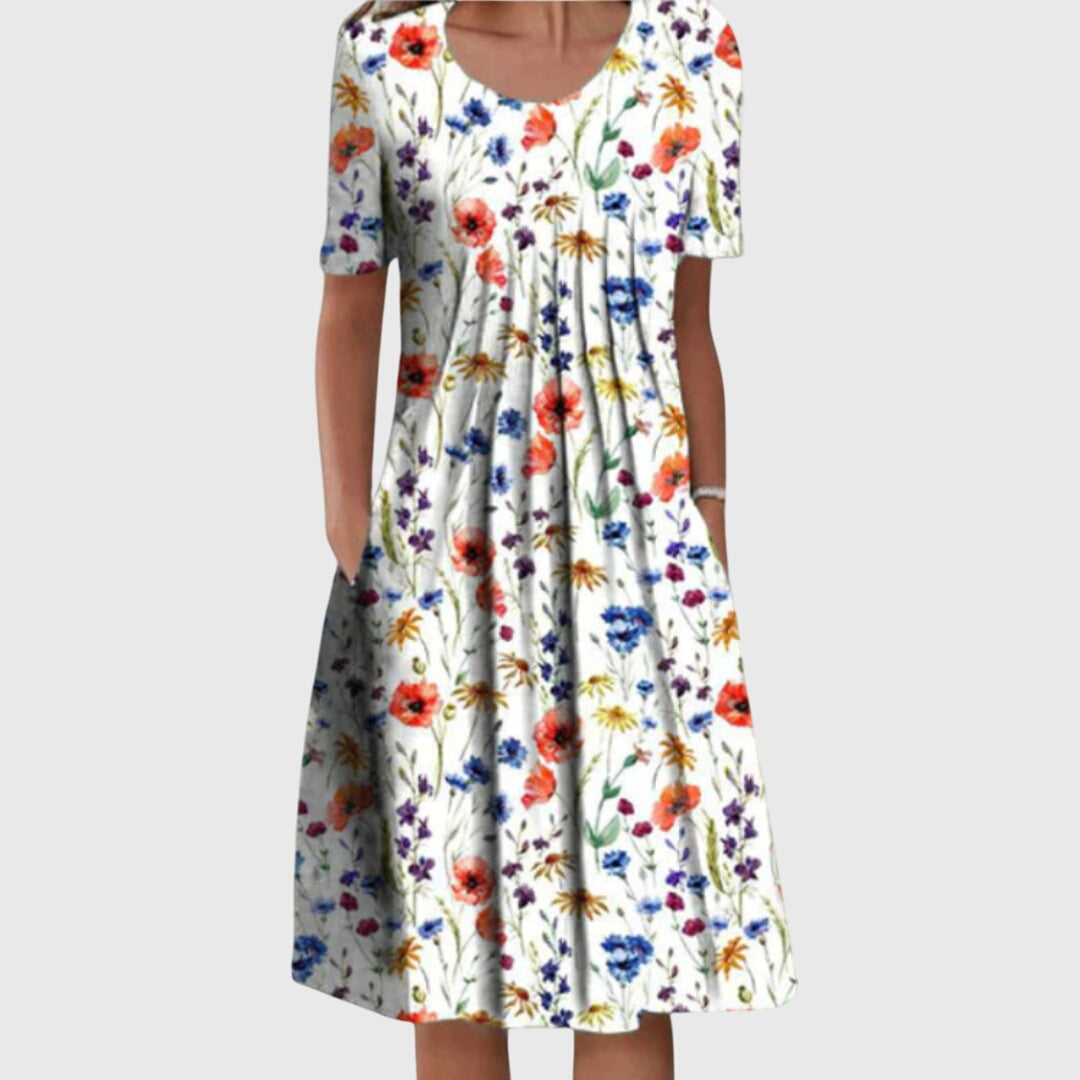 Women's Vacation Dress | Midi Round Neck Short Sleeve Floral