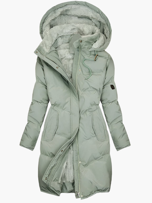 Women's Long Winter Coat | Hooded Quilted Full-Zip Pockets