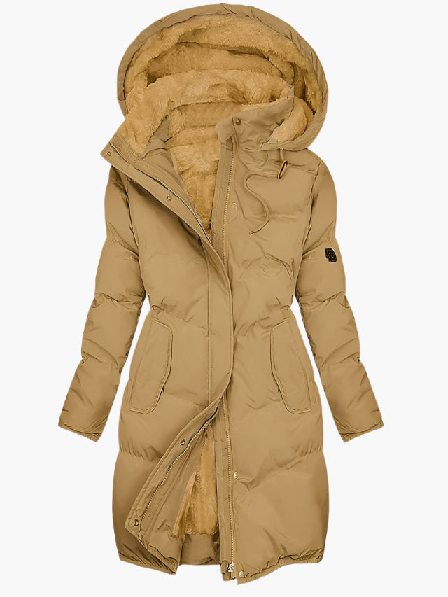 Women's Long Winter Coat | Hooded Quilted Full-Zip Pockets