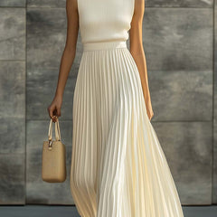 Women's Sleeveless Knit Pleated Chiffon Maxi Dress - Cream