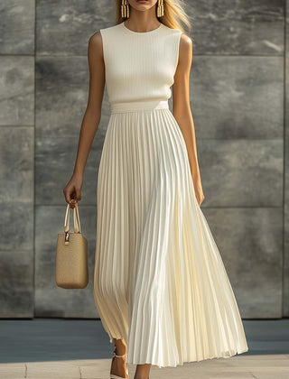 Women's Sleeveless Knit Pleated Chiffon Maxi Dress - Cream
