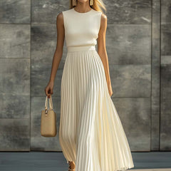 Women's Sleeveless Knit Pleated Chiffon Maxi Dress