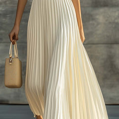 Women's Sleeveless Ribbed Knit Pleated Chiffon Maxi Dress